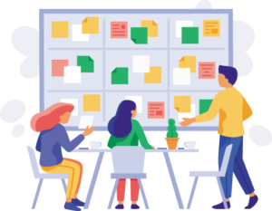 A team of designers discussing using a Kanban board.