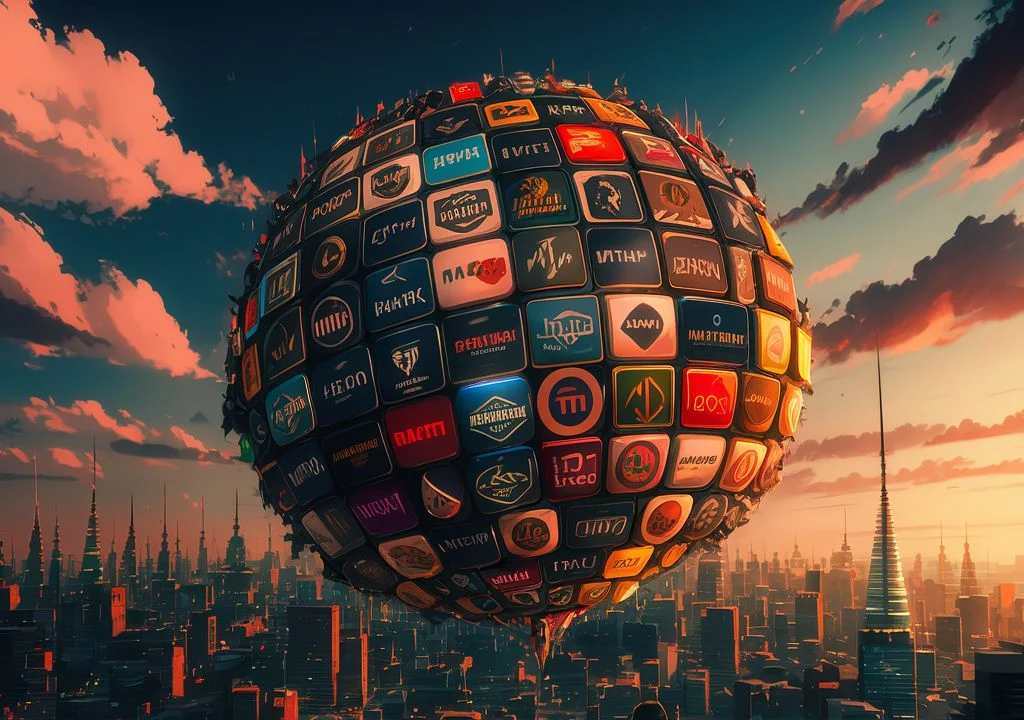 A globe floating in the sky representing multiple brands with a city in the background.