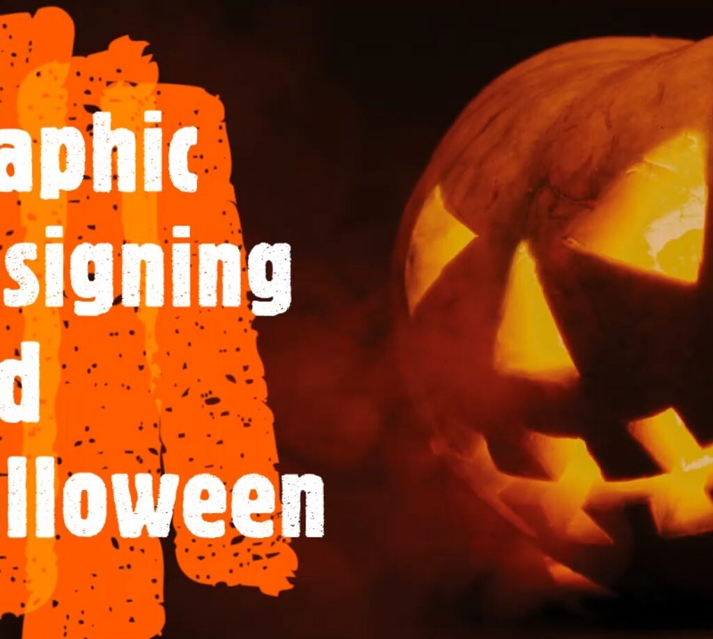 Jack-O'-Lantern using a pumpkin next to it is a text reading Graphic Designing and Halloween.