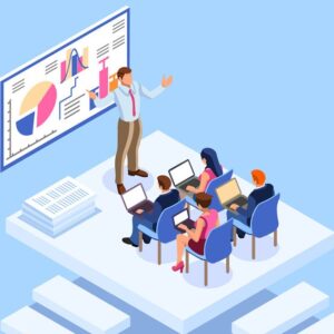 Illustration of a classroom full of graphic designers learning how to make a presentation.