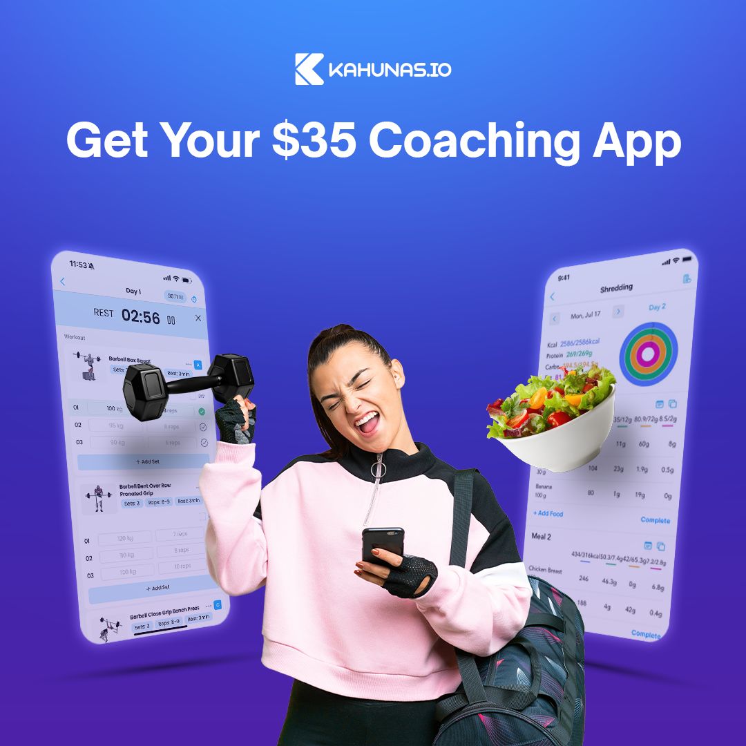 Social media graphic for Kahunas App promoting a coaching app with workout and nutrition tracking screens, part of the Draftss portfolio for social media design