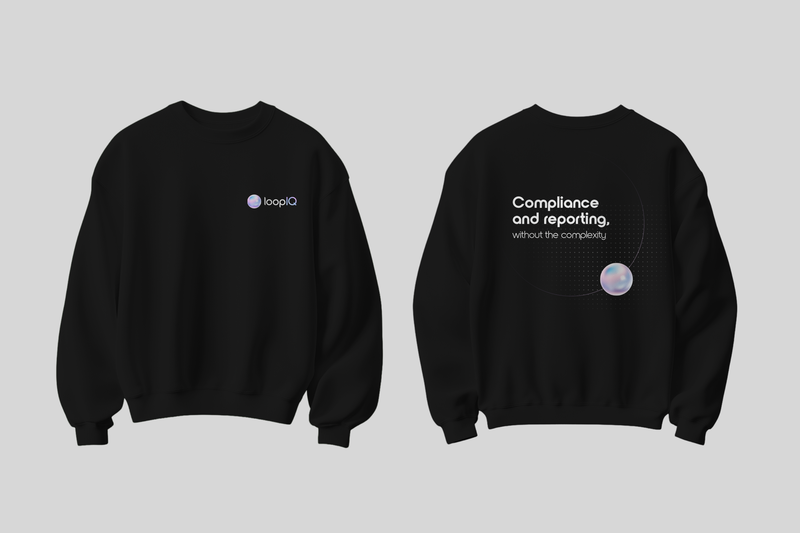 LoopIQ branded sweatshirt mockup featuring front logo and back graphic design created by Draftss
