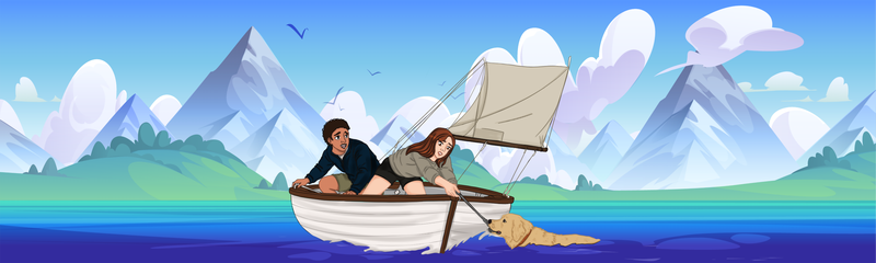 Illustration of Aria and Liam with a penguin at sea for kids brand created by Draftss