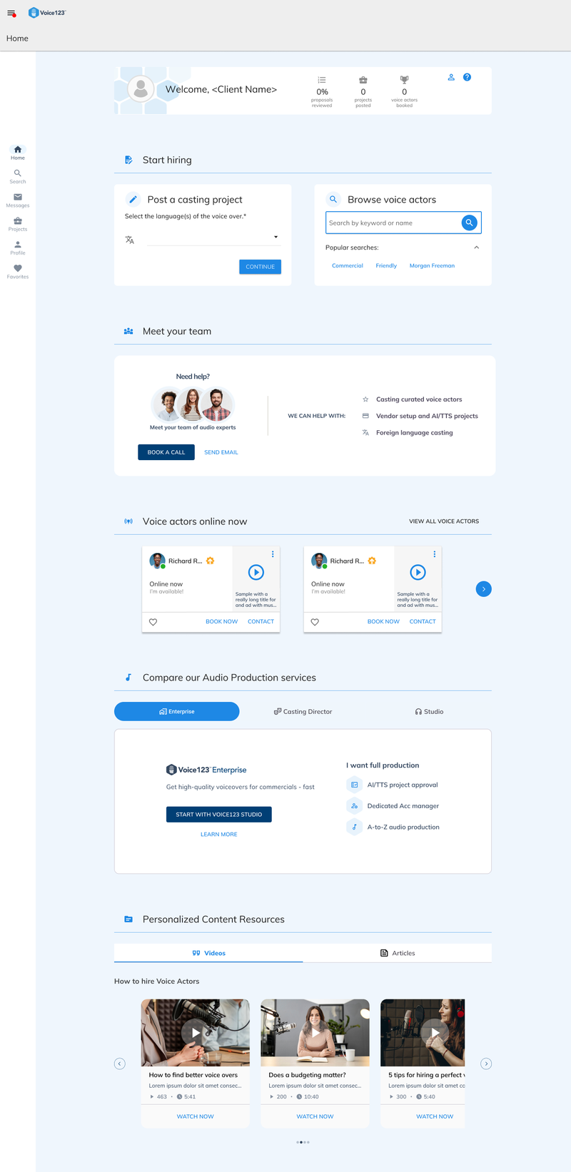 Dashboard UI redesign for Voice123 voice actor casting platform created by Draftss