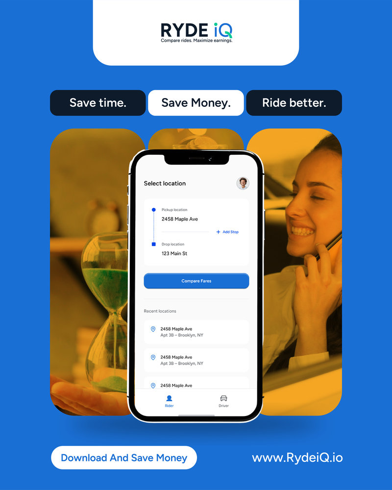 RYDEiQ app banner showing save time save money ride location selection created by Draftss