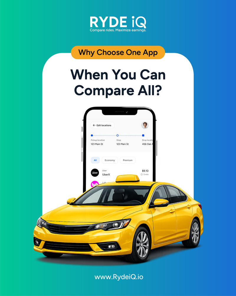 RYDEiQ app banner showing best fares across platforms comparison created by Draftss