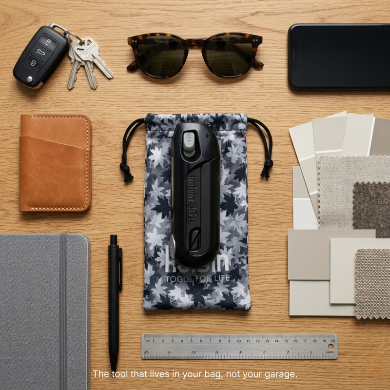 Product flat lay featuring the Heldin 365 everyday tool with daily carry essentials created by Draftss