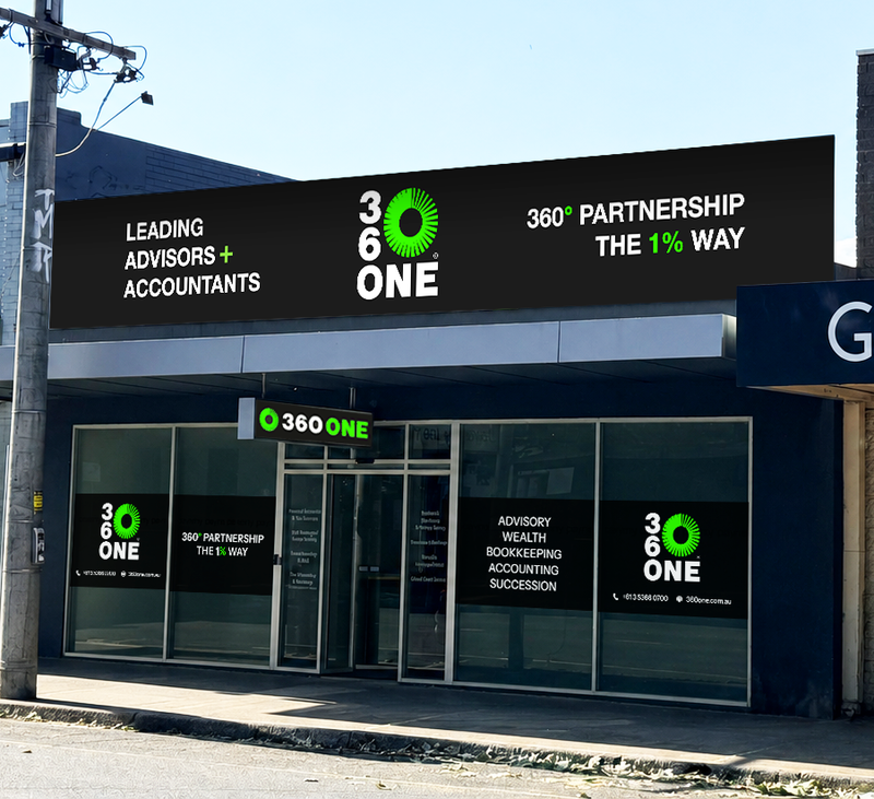Storefront branding and signage design for 360 ONE created by Draftss