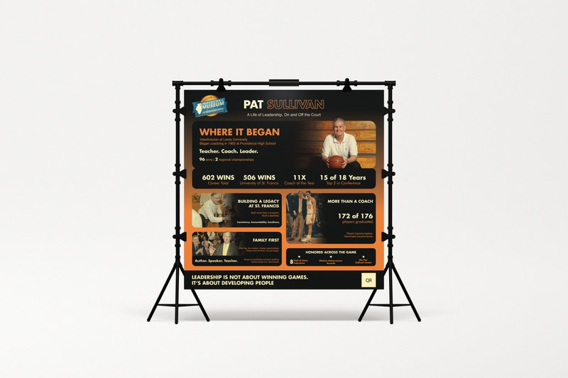 Event backdrop design honoring basketball coach Pat Sullivan legacy created by Draftss