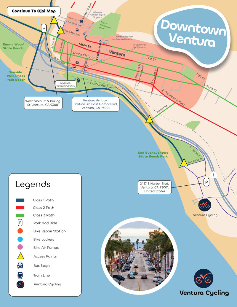 Illustrated Downtown Ventura cycling route map with bike paths and transit information, created by Draftss