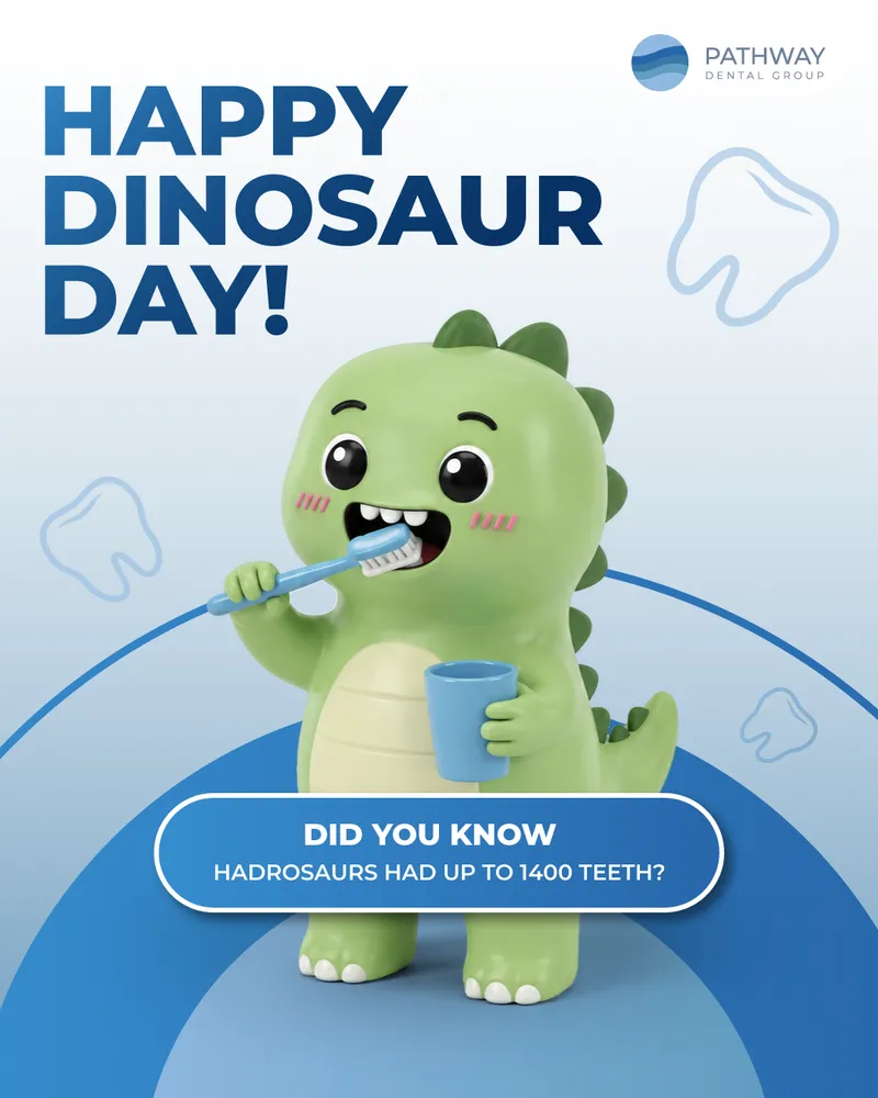 Children's dental awareness graphic celebrating Happy Dinosaur Day, created by Draftss