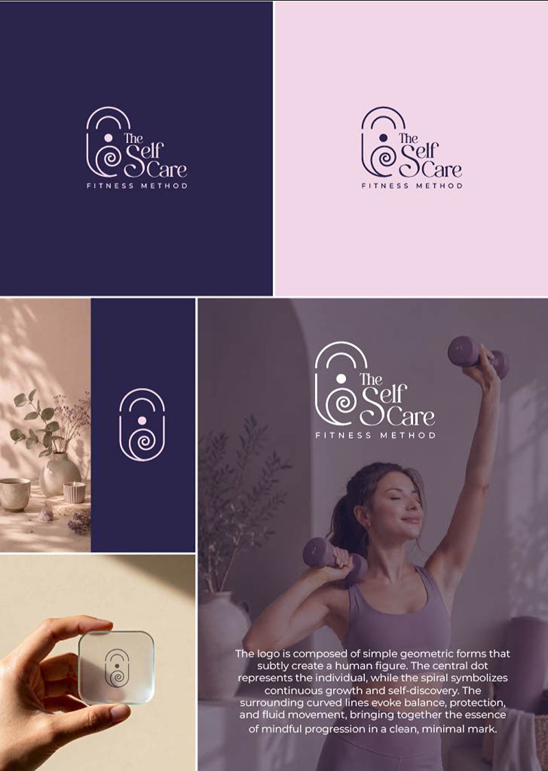 The Self Care Fitness Method logo and branding presentation in purple and pink