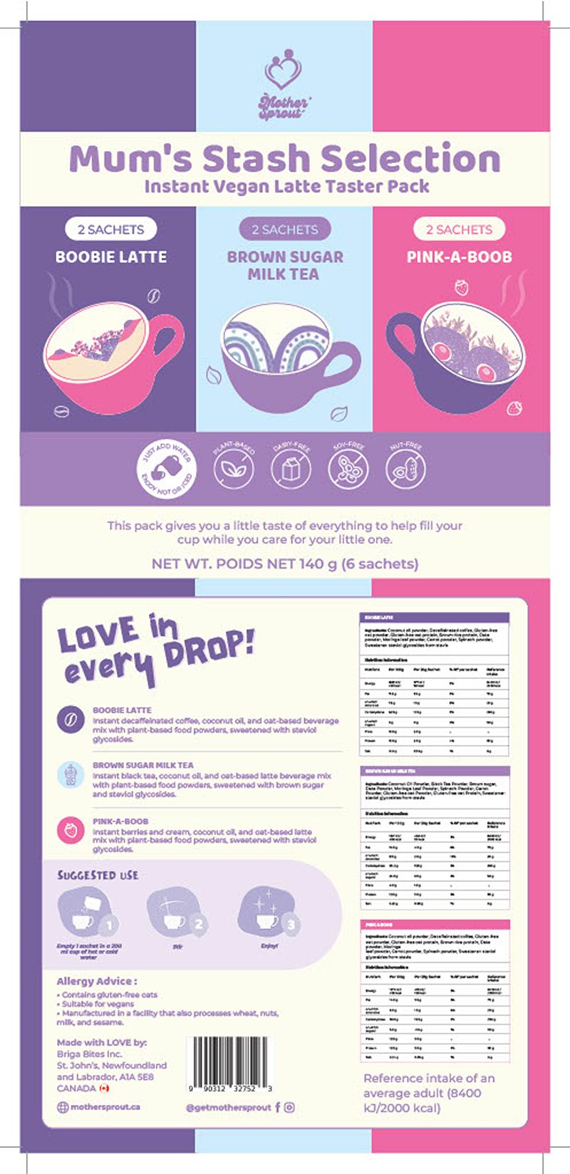 Mum’s Stash Selection packaging design featuring three vegan latte flavors.