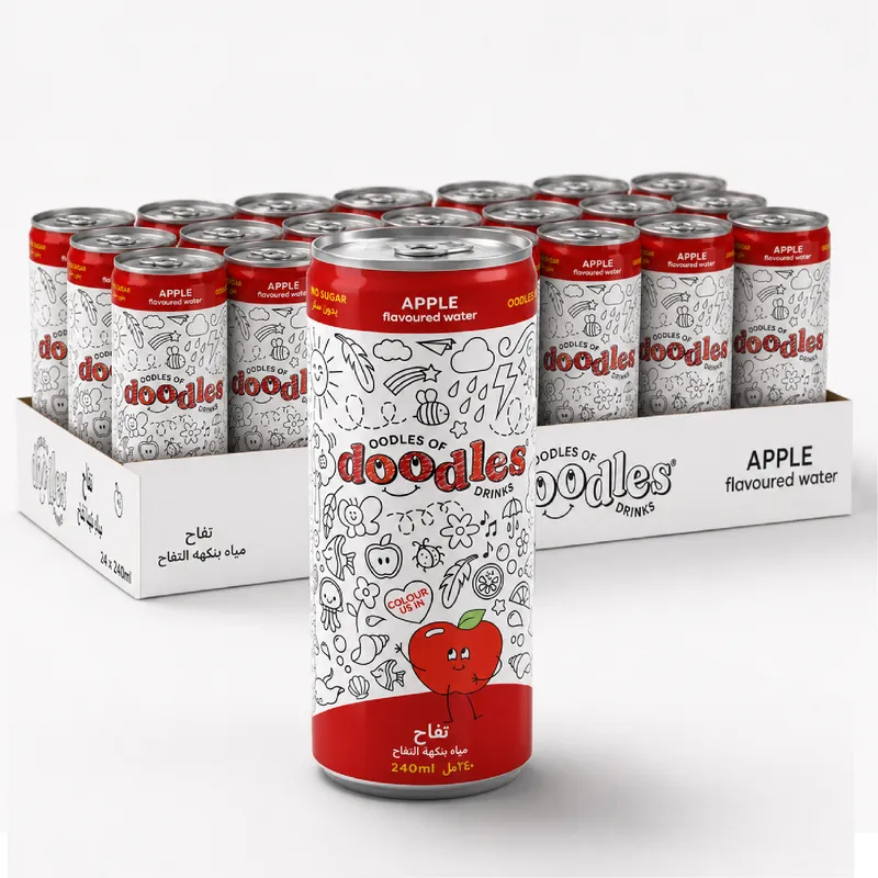 3D packaging mockup for Doodles Drinks Apple flavored water multipack, created by Draftss