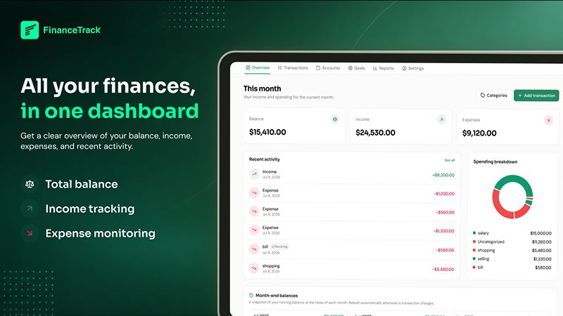 FinanceTrack financial dashboard showing balance, income, expenses, and spending activity