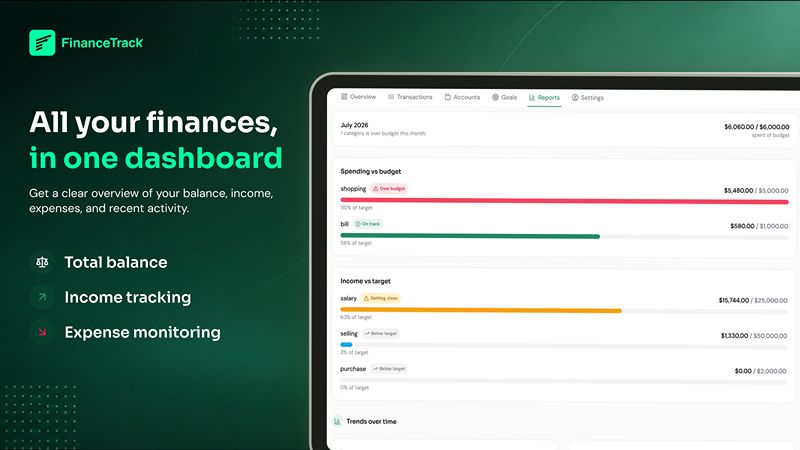 FinanceTrack reports dashboard showing spending and income budget tracking