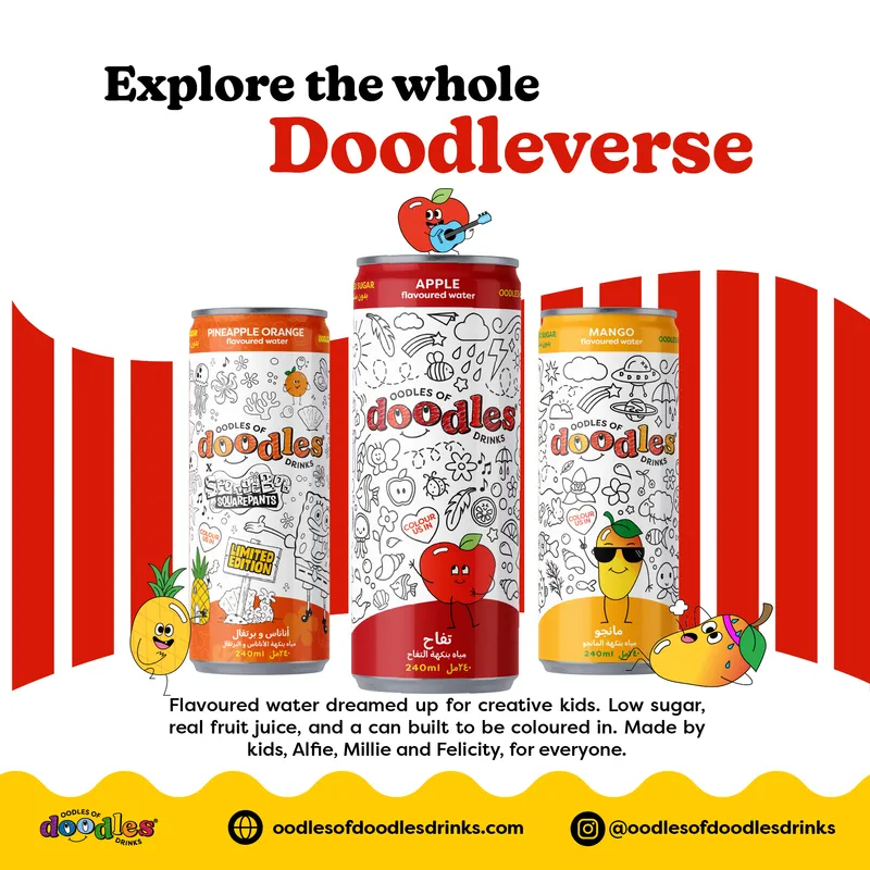Product showcase for Doodles Drinks flavored water collection, created by Draftss