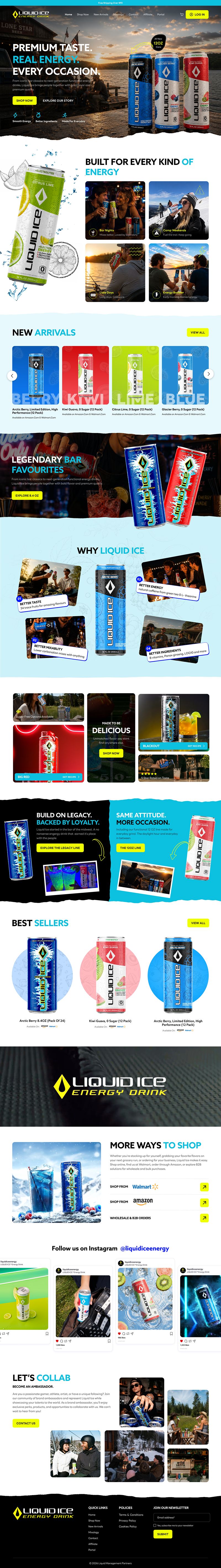 Liquid Ice Energy Drink web UI design with product and lifestyle visuals.