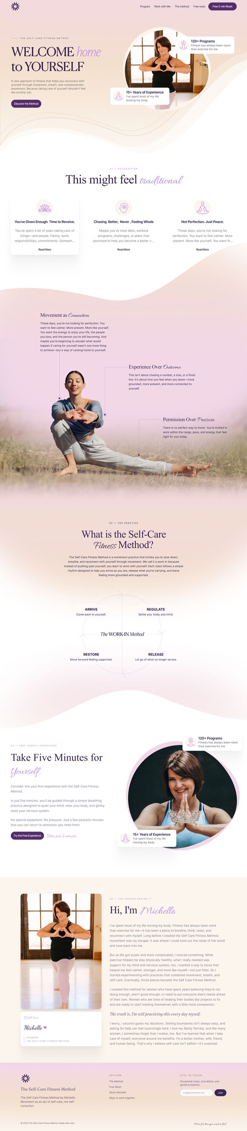 Self Care Fitness Method website design with wellness-focused layout and yoga imagery