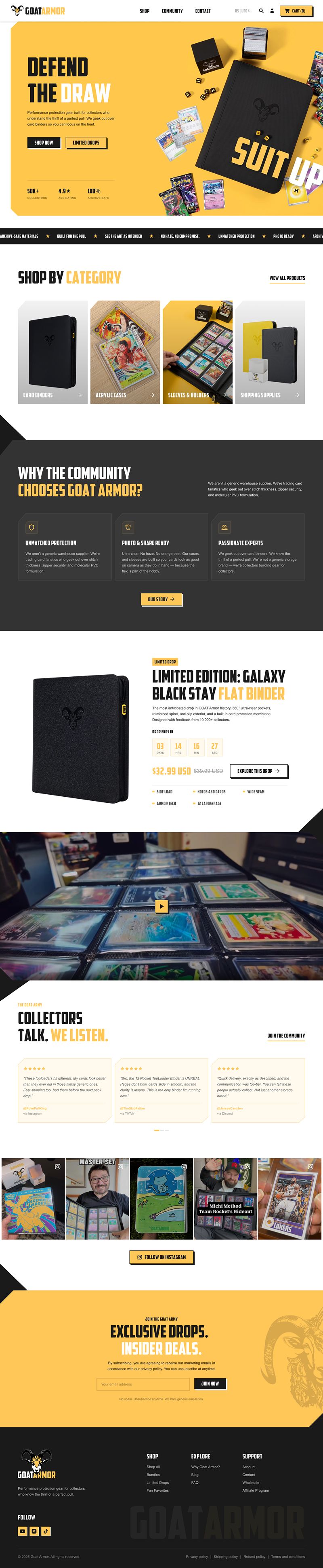 Goat Armor website design featuring trading card storage, products, and community content
