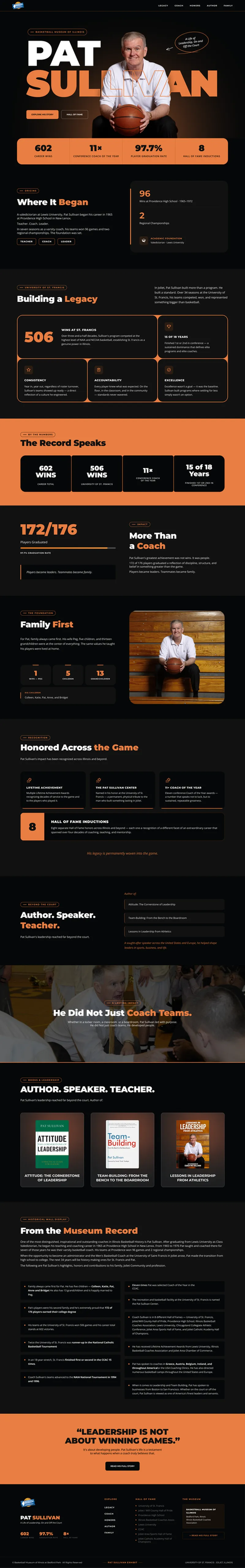 Website design for Pat Sullivan basketball coach legacy and museum page created by Draftss