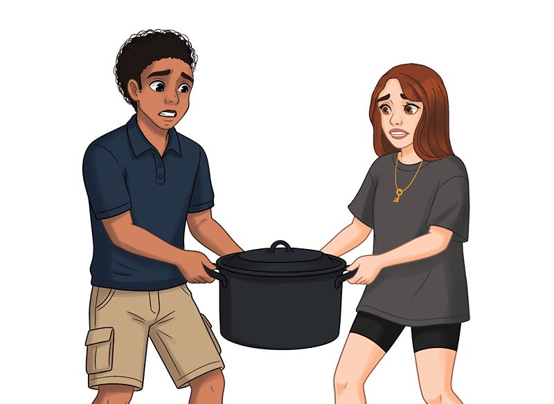Illustration of two people carrying a large cooking pot together.