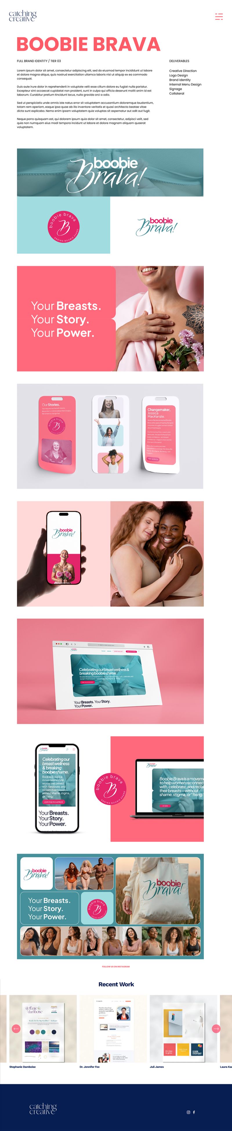Boobie Brava brand identity design featuring pink and teal visuals, social media, and website designs.