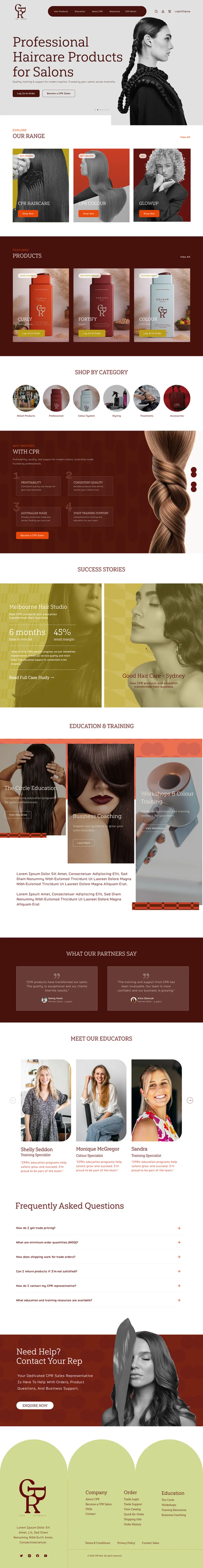 Homepage design for CPR Haircare professional salon products website created by Draftss