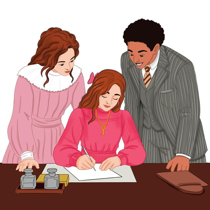 Family illustration showing three people gathered around a table.