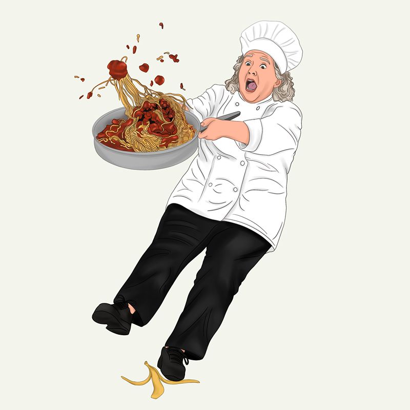 Chef illustration holding a bowl of pasta with food spilling from it.