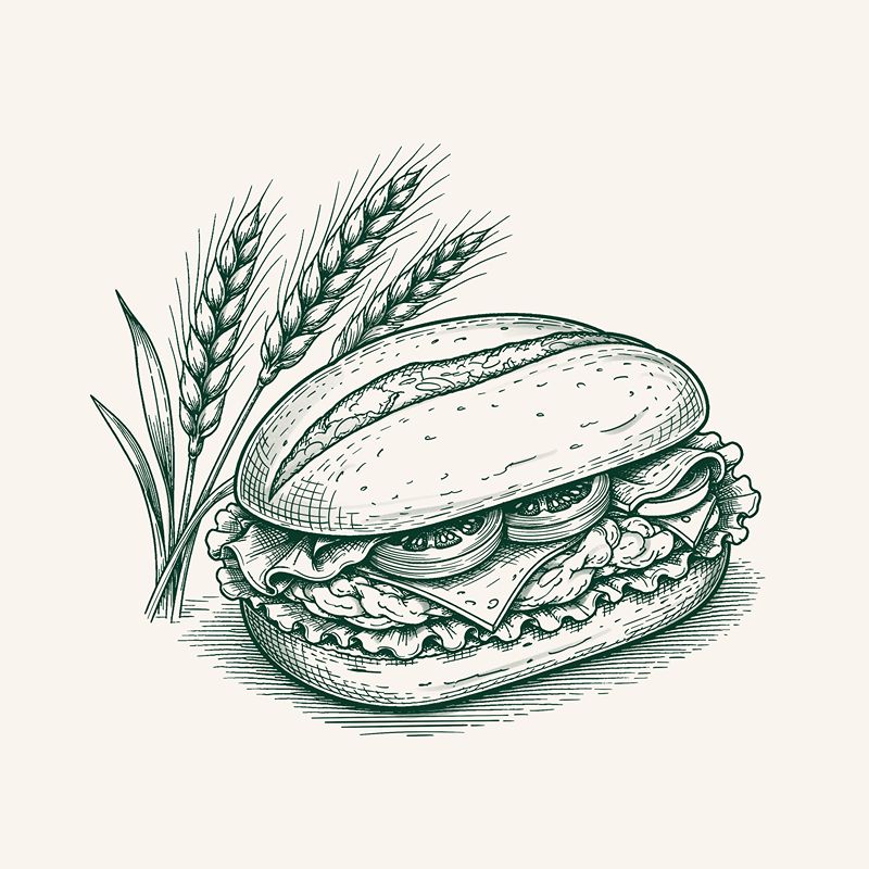 Hand-drawn illustration of a sandwich with wheat stalks.