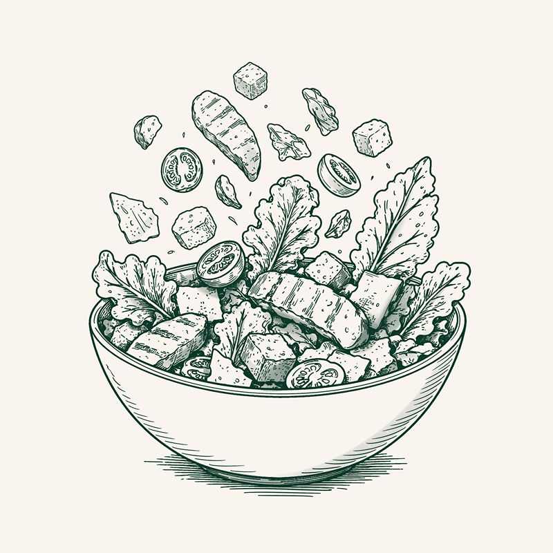 Hand-drawn illustration of a fresh salad bowl with vegetables.