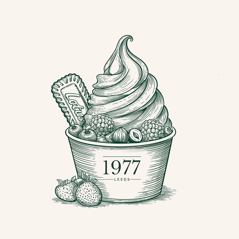 Hand-drawn illustration of a soft-serve dessert bowl with berries and a wafer.