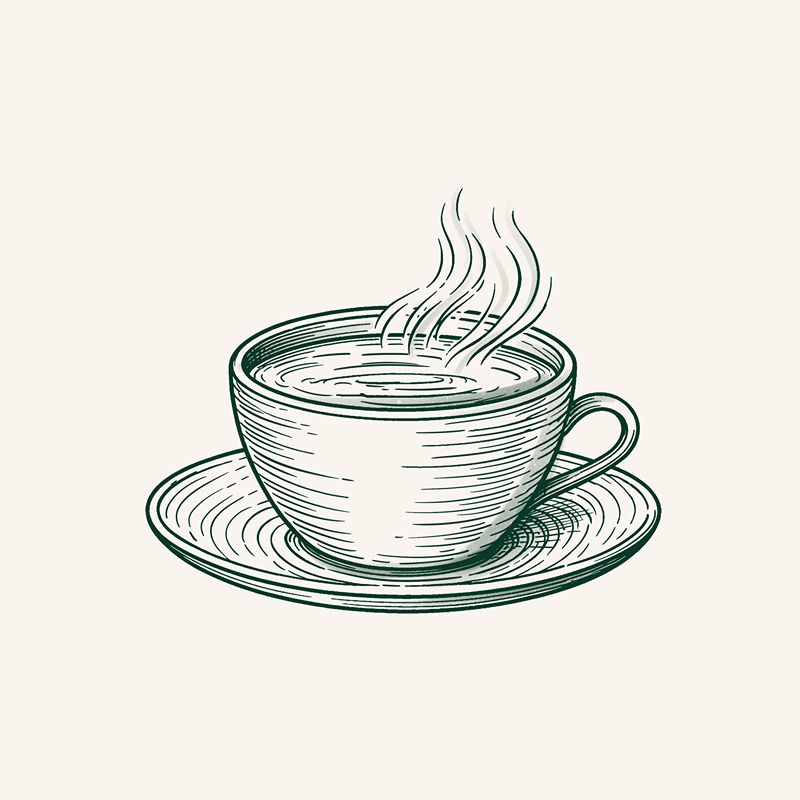 Hand-drawn illustration of a steaming cup of coffee on a saucer.