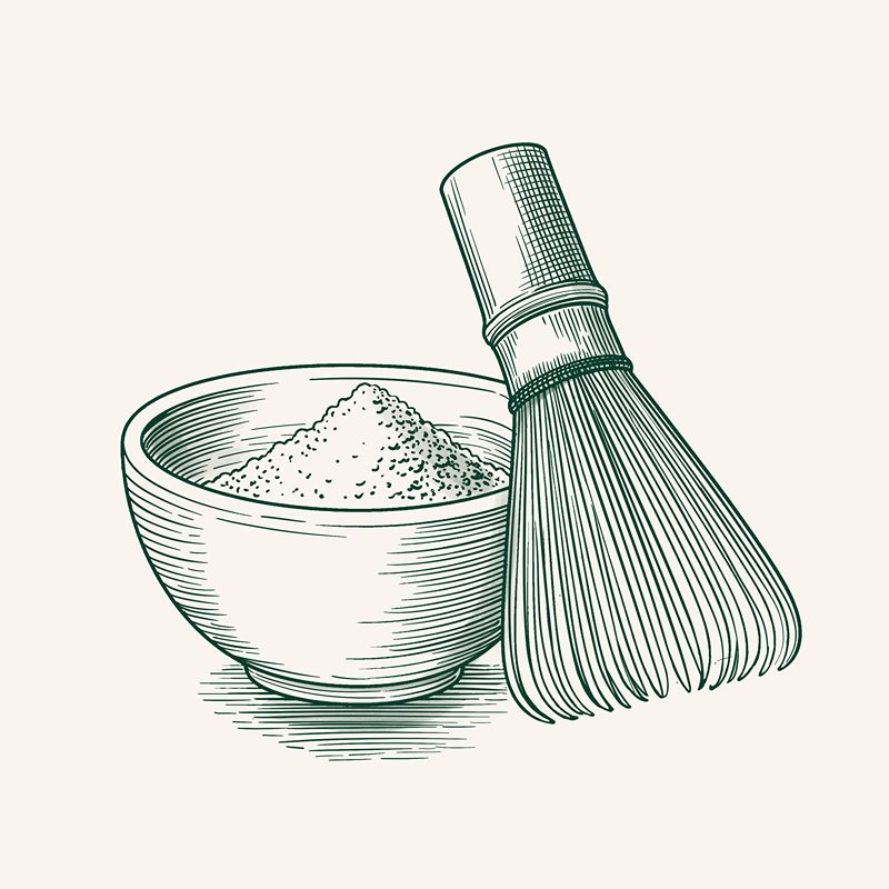Hand-drawn illustration of a bowl of matcha with a bamboo whisk.