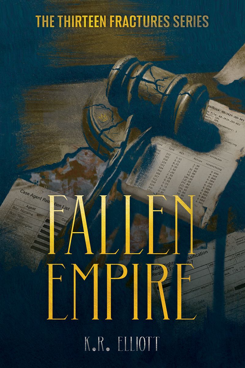 Book cover illustration for Fallen Empire featuring a damaged figure and case documents.