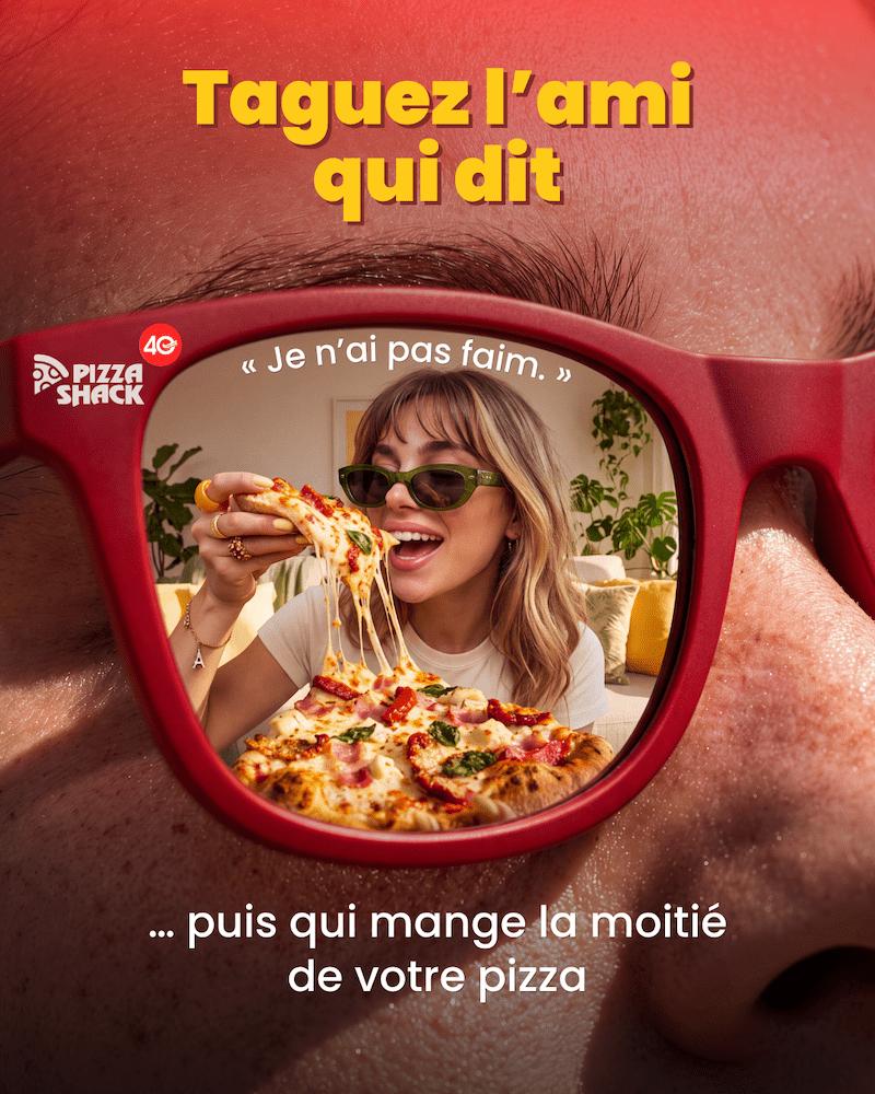 Reflective sunglasses ad shows a friend eating pizza, French ad copy
