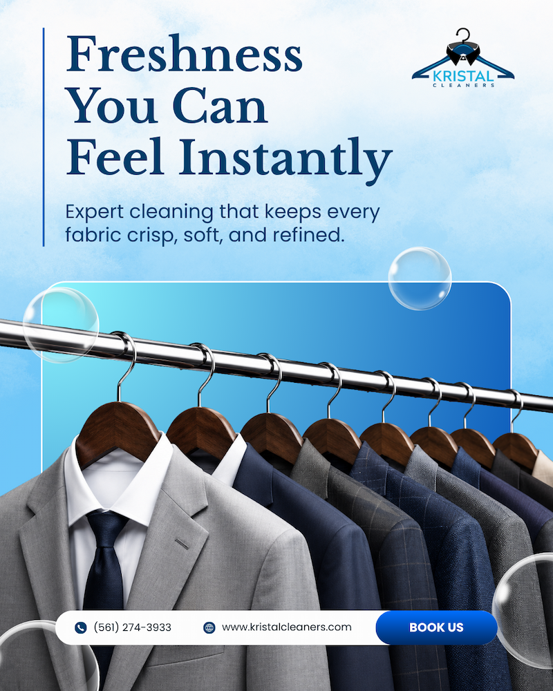 Cleaning service social media graphic featuring suits on hangers