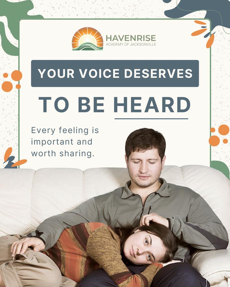 Havenrise Academy social media graphic featuring a couple with a message about expressing emotions
