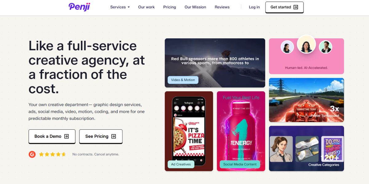 Penji showcasing graphic design, social media, video, motion, and ad creative services