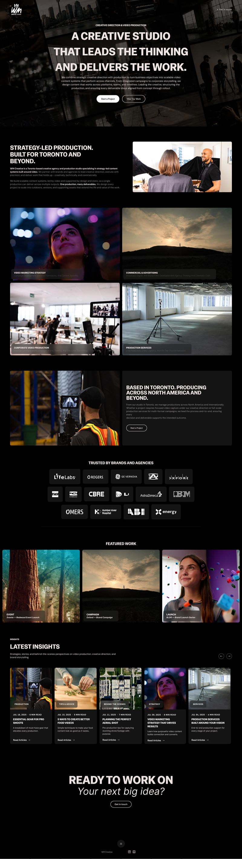 WM Creative website design featuring creative direction, video production, and featured work.