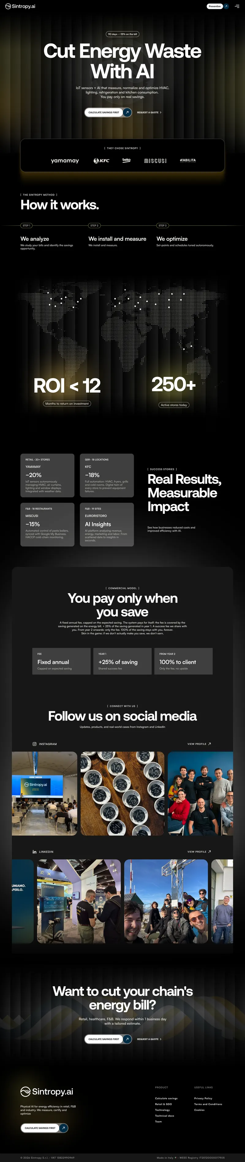 Dark-themed AI energy optimization website UI with business solutions, ROI metrics, customer success stories, and social media showcase, created by Draftss