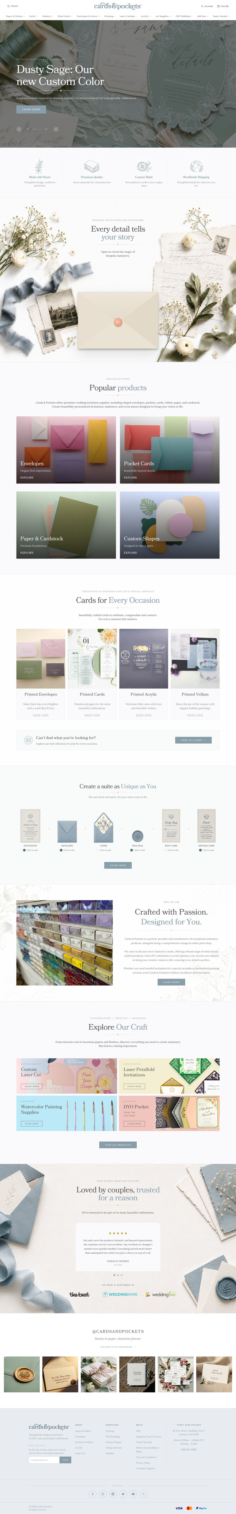 Stationery e-commerce website UI featuring custom invitations, envelopes, and paper products, created by Draftss