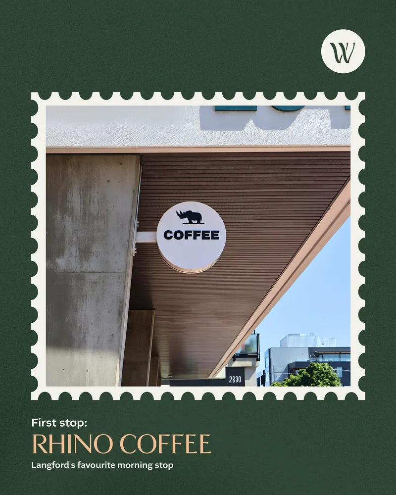 Rhino Coffee hanging café sign in Langford, created by Draftss