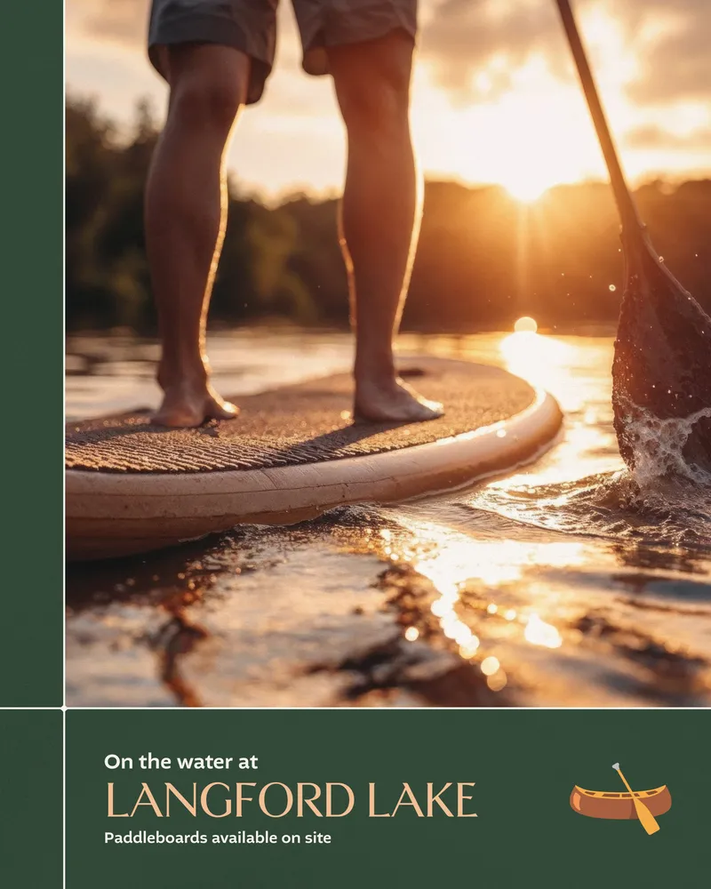 Paddleboarding experience at Langford Lake during sunset, created by Draftss