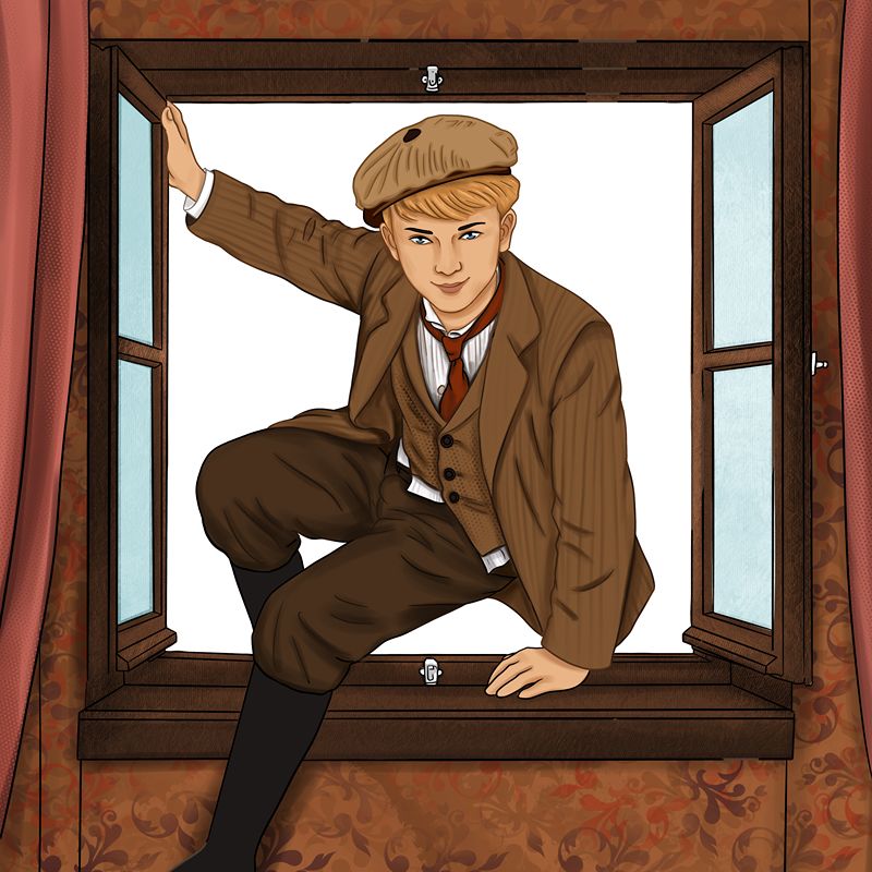 Historical character climbing through an open window.