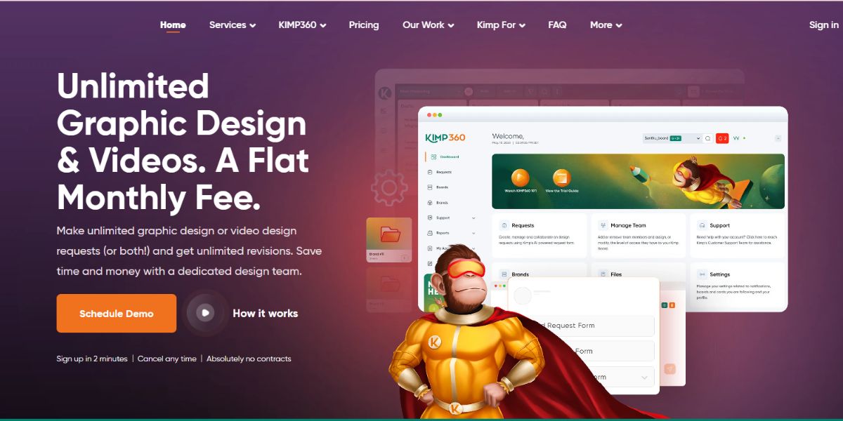 Kimp homepage showcasing graphic design and video services