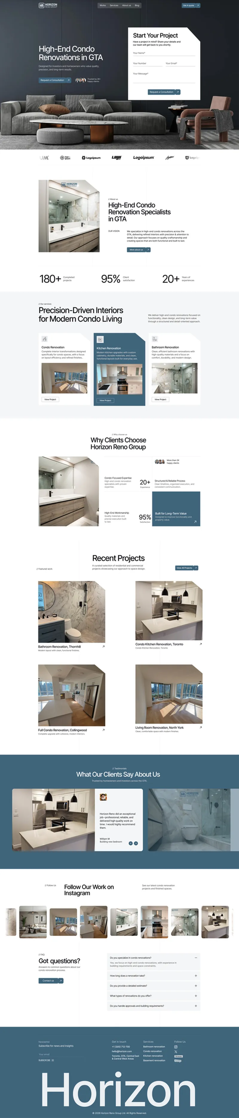 Landing page design for Horizon Reno Group home renovation company created by Draftss