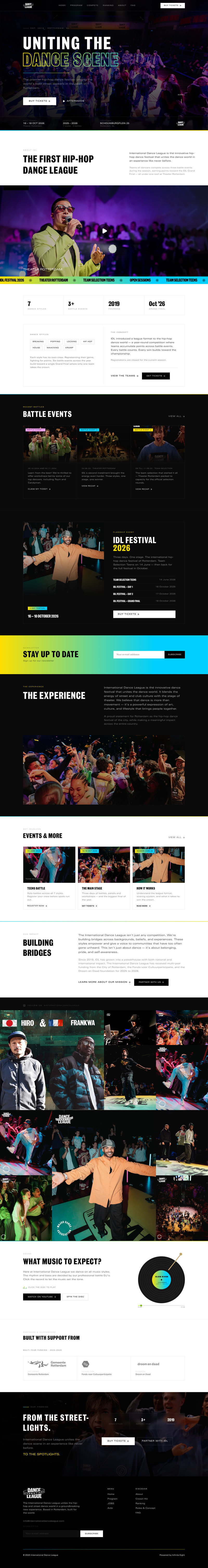Dance event website UI featuring competitions, festivals, and ticket booking, created by Draftss