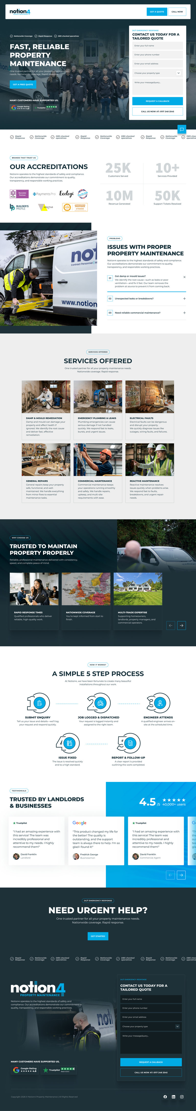 Property maintenance website UI with repair services, testimonials, and quote form, created by Draftss
